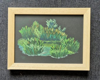 Tableau à la gouache de paysage de nature 18x24cm, lac de Miribel