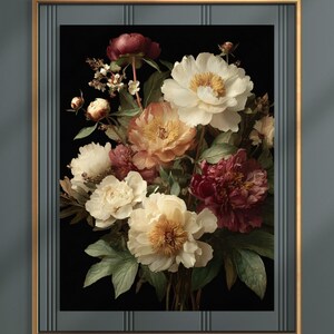Dark Academia Peony Print, Dutch Master Floral Wall Art, Moody Vintage Botanical Still Life, Baroque Peonies, Gothic Bedroom Decor