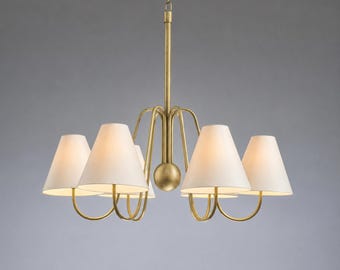 Op Jean Royere geïnspireerde kroonluchter: Franse moderne plafondlamp met linnen tinten ruw messing | Verlichtingsarmatuur uit het midden van de eeuw in aangepaste kleur
