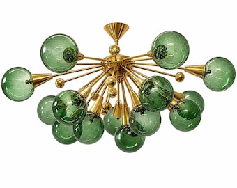 Murano Sputnik Spherical Green Glass and Brass Chandelier, Mid Century Modern Ceiling Light, Adjustable Arm Pendant , Sculptural Lighting,