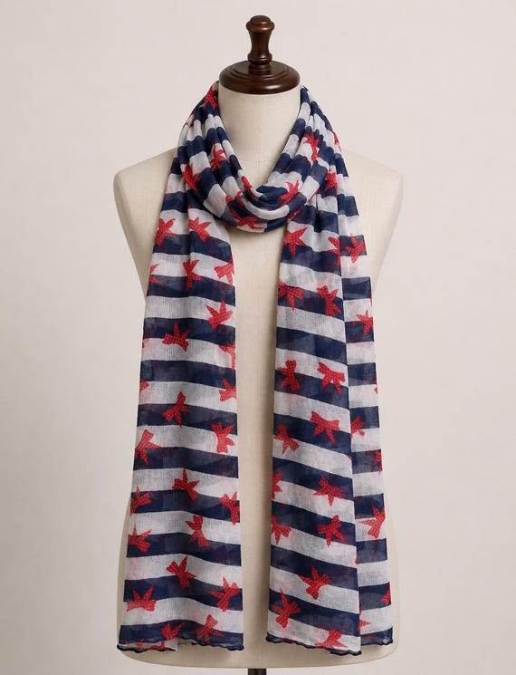 Vintage Nautical Striped Scarf with Red Bow Print,Lightweight Fashion Scarf,Retro Navy White Wrap,Women's Decorative Neck Scarf