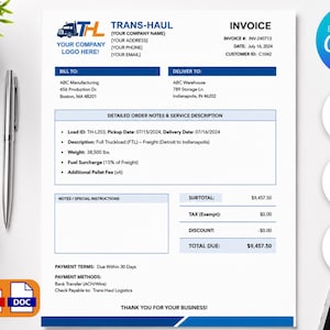 May include: A white Trans-Haul invoice template featuring blue headers, a truck logo, and fields for company details, billing, delivery, and order notes. The document includes a subtotal of $9,457.50 and payment terms, formatted for US Letter 8.5 x 11 size.