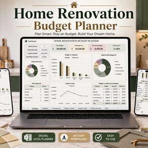 Peut inclure: Un planificateur de budget de rénovation résidentielle numérique affiché sur un ordinateur portable et deux smartphones. L'écran présente des tableaux financiers avec des graphiques et le texte Home Renovation Budget Planner, Plan Smart.
