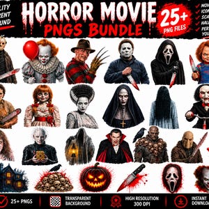 Puede incluir: Una colección digital de más de 25 archivos PNG de personajes de películas de terror con villanos icónicos, escenas de miedo e imágenes de Halloween. Los gráficos incluyen figuras como un asesino enmascarado, un payaso con un globo rojo y una calabaza, todo sobre un fondo transparente.