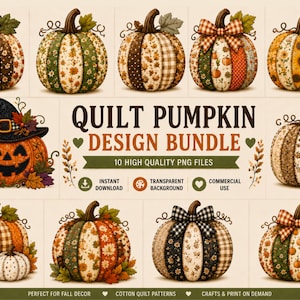 Quilt pompoen ontwerp PNG bundel | Patchwork pompoen clipart sublimatie | Herfst Thanksgiving knutselprojecten | Boerderij Cricut download