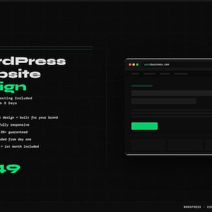Może przedstawiać: Ciemnozielona i czarna grafika promująca usługi projektowania stron internetowych WordPress. Tekst zawiera "WordPress Website Design", "Custom Design" i cenę 149 $. Makieta strony internetowej znajduje się po prawej stronie.
