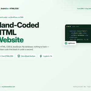 May include: A digital graphic for a hand-coded HTML website service. The text reads Hand-Coded HTML Website, Pure HTML, CSS & JavaScript. No database, nothing to hack — just clean code that loads in under a second. Includes a code snippet window.