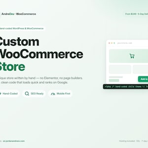 May include: A digital graphic for a custom WooCommerce store service. Text includes AndreDev, Custom WooCommerce Store, Hand-coded WordPress & WooCommerce, SEO Ready, Mobile First, and a code snippet reading <?php /* hand-coded child theme */ ?>.