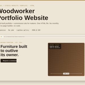 Può includere: Un modello di sito web per portfolio di falegname con il testo Woodworker Portfolio Website, Furniture built to outlive its owner e un grafico rettangolare marrone con l'etichetta English walnut hand-cut dovetails e 2400 mm.