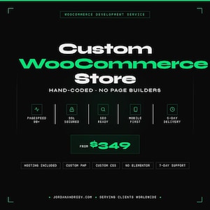 Puede incluir: Gráfico negro con texto blanco y verde que promociona un servicio de desarrollo de WooCommerce. El texto dice "Custom WooCommerce Store" y destaca características como "Hand-Coded", "SEO Ready" y "Mobile First". El precio comienza en $349.
