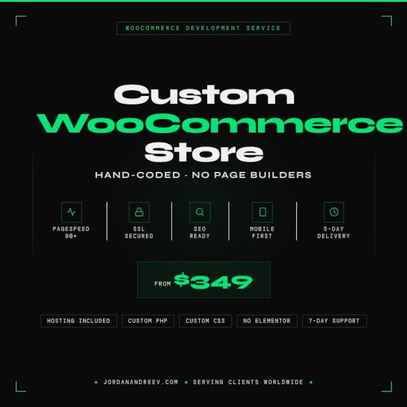May include: A black graphic with white and green text advertising a WooCommerce development service. The text says "Custom WooCommerce Store" and highlights features like "Hand-Coded," "SEO Ready," and "Mobile First." The price starts from &pound;280.