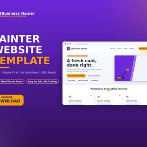 Peut inclure: Un modèle de site web pour peintre numérique sur fond violet avec le texte PAINTER WEBSITE TEMPLATE, HTML, Mobile-First, No WordPress, SEO Ready et INSTANT DOWNLOAD. Le modèle présente un en-tête avec Business Name.