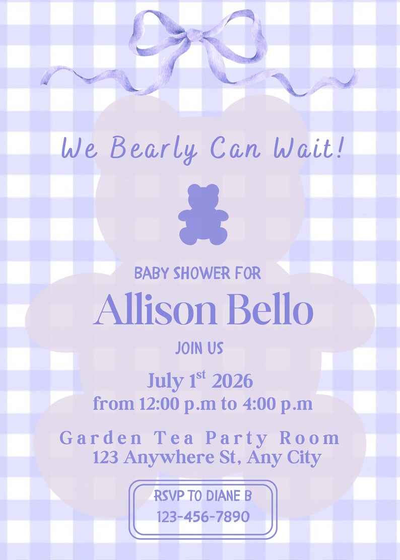 Teddy Bear Baby Shower Invitation Template: Purple Gingham, Editable ...