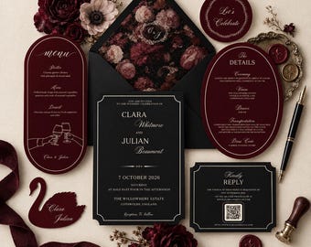 May include: A wedding stationery set in deep burgundy and black, featuring a rectangular invitation, oval menu, oval details card, and reply card with a QR code. Includes a black envelope with floral lining, a swan-shaped tag, and a fountain pen.