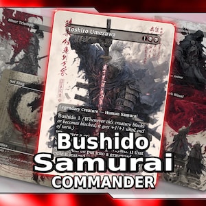 May include: A collection of trading cards featuring Toshiro Umezawa, Sol Ring, Bitter Triumph, and Dark Ritual. The central card depicts a samurai holding a glowing sword with Japanese calligraphy and text including Bushido 1.