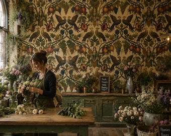 May include: A floral shop interior featuring a wooden table with assorted flowers, a green cabinet, and wallpaper with a repeating pattern of birds, fruit, and figures. A small chalkboard sign displays the text Fresh Flowers Wild Beauty.