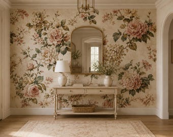 Vintage Peony Floral Wallpaper, Peel and Stick Rose Mural, Non Woven Wall Covering