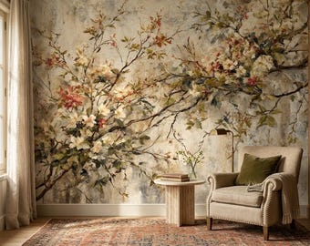 Renaissance Floral Mural, Peel and Stick, Vintage Non Woven Wallpaper