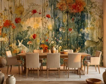 Wildflower Deer Rabbit Peel and Stick Mural, Woodland Non Woven Wallpaper, Whimsical Boho