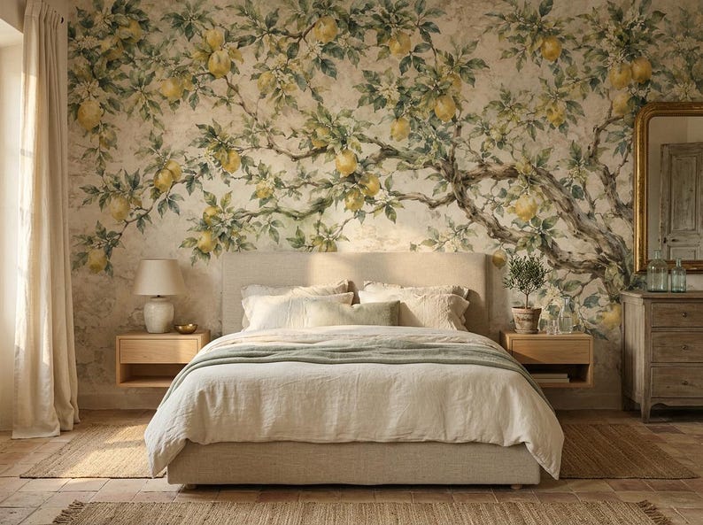 May include: A bedroom featuring a large wall mural of a lemon tree with yellow fruit and green leaves on a textured off-white background. The room includes a beige upholstered bed, two light wood floating nightstands, and a wooden dresser.