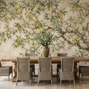 Vintage Lemon Tree Peel and Stick Mural, Botanical Fruit Non Woven Wallpaper, Mediterranean Kitchen image 1