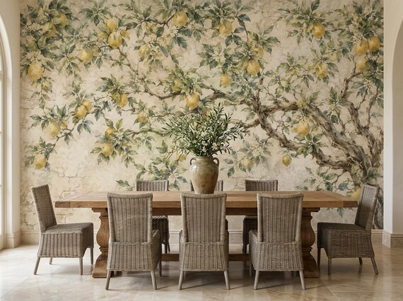 Vintage Lemon Tree Peel and Stick Mural, Botanical Fruit Non Woven Wallpaper, Mediterranean Kitchen