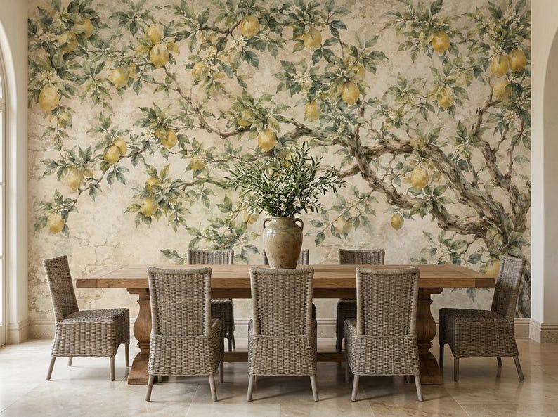Vintage Lemon Tree Peel and Stick Mural, Botanical Fruit Non Woven Wallpaper, Mediterranean Kitchen image 1