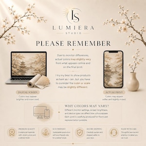 May include: An informational graphic from Lumiera Studio explaining color variations between digital screens and physical prints. It features a laptop, a smartphone, a vase with branches, and text detailing why colors may appear different on various devices.