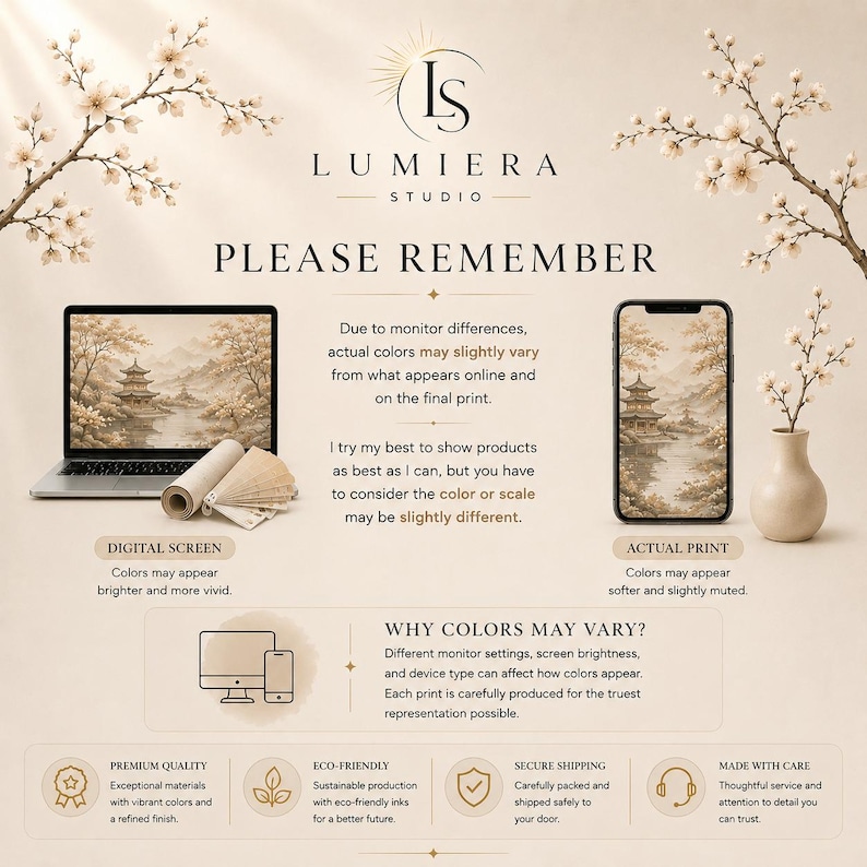 May include: An informational graphic from Lumiera Studio explaining color variations between digital screens and physical prints. It features a laptop, a smartphone, a vase with branches, and text detailing why colors may appear different on various devices.