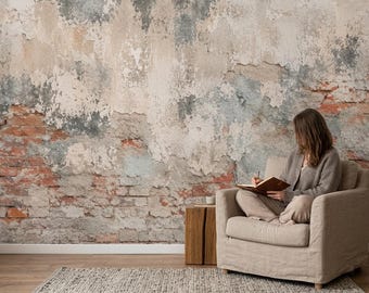 Distressed Brick Wall Peel and Stick Mural, Exposed Plaster Non Woven Wallpaper, Industrial Loft