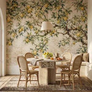 May include: A dining room featuring a wall mural of lemon tree branches with yellow fruit and green leaves. The room includes a round stone table, four light-colored rattan chairs, a beige pendant light, and a built-in bench with throw pillows.