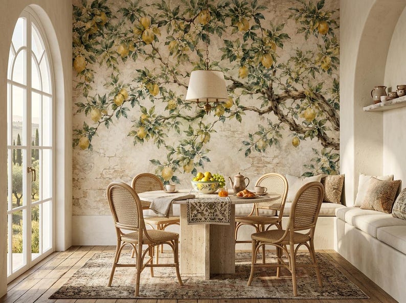 May include: A dining room featuring a wall mural of lemon tree branches with yellow fruit and green leaves. The room includes a round stone table, four light-colored rattan chairs, a beige pendant light, and a built-in bench with throw pillows.