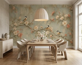 Vintage Chinoiserie Bird Blossom Mural, Sage Green Floral Wallpaper, Peel and Stick Decor