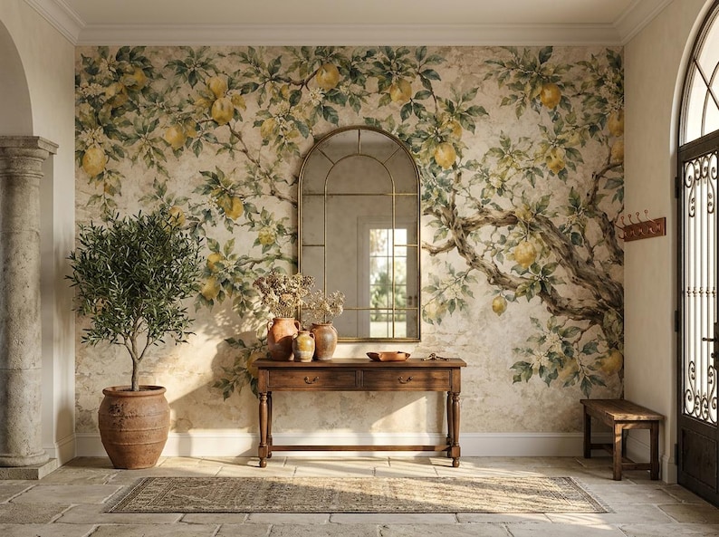 Watercolor fresco-style wallpaper mural featuring an ancient gnarled lemon tree with sprawling twisted branches heavy with ripe yellow lemons, dark green leaves, and delicate white citrus blossoms against a warm aged stone and crumbling plaster wall texture in cream and sandy beige tones. Mediterranean Italian botanical aesthetic. Peel and stick non woven removable fruit tree wallpaper design.