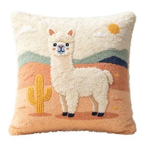 May include: A square throw pillow featuring a textured, tufted cream-colored llama centered against a desert landscape. The background includes a yellow sun, white clouds, green hills, and a yellow cactus on a light orange ground with dark accents.