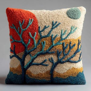 May include: A square throw pillow featuring a textured punch needle design of a landscape. The scene depicts a large red sun, a teal moon, and two dark blue coral-like trees against a background of cream, mustard yellow, and dark blue layers.