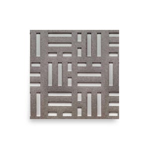 May include: A square grey panel featuring a repeating geometric pattern of cut-out rectangular slots arranged in alternating horizontal and vertical orientations, creating a grid-like structure with visible negative space throughout the surface.