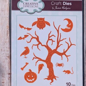 Set de troqueles de Halloween Árbol Espeluznante de Creative Expressions Jamie Rodgers / 10 troqueles / Búho Murciélagos Cuervo Calabaza Luna Troqueles de manualidades góticas