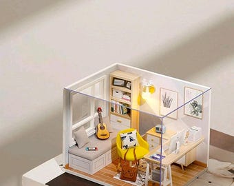 Modernes Home Office DIY Miniatur-Puppenhaus-Kit mit LED-Leuchten, gemütlichen Arbeitsplatz Mini-Raum, Schreibtisch-Dekor-Geschenk