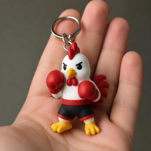 Puede incluir: Un llavero con un personaje de pollo blanco que lleva guantes de boxeo rojos, una cresta roja y pantalones cortos de boxeo negros con una cintura roja. La figura tiene una expresión decidida con ojos negros y un pico amarillo.