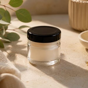 Könnte beinhalten: Ein kleines, klares Glasgefäß gefüllt mit einer weißen Creme, ausgestattet mit einem glatten, runden, schwarzen Schraubdeckel. Der Behälter ist zylindrisch geformt und hat einen dicken Boden, was ein schlichtes, funktionales Design für Kosmetikprodukte ergibt.