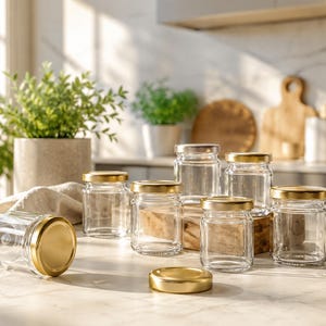 Op de afbeelding: Een verzameling doorzichtige glazen potten met metalen gouden deksels. Verschillende potten staan rechtop, één ligt op zijn kant en één los gouden deksel ligt op het oppervlak. De potten hebben een cilindrische vorm van glad glas.