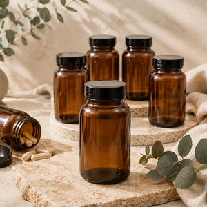 Könnte beinhalten: Eine Ansammlung von sechs braunen Glasflaschen mit schwarzen Schraubverschlüssen. Fünf Flaschen stehen aufrecht auf Steinplattformen, während eine Flasche ohne Deckel auf der Seite liegt und mehrere beige Kapseln im Inneren des Glases zeigt.