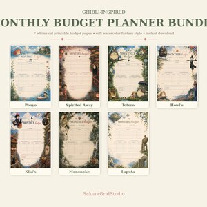 May include: A bundle of seven printable monthly budget planner pages with a whimsical watercolor fantasy style. Each page features a different Ghibli-inspired theme, including Ponyo, Spirited Away, Totoro, Howl's, Kiki's, Mononoke, and Laputa.