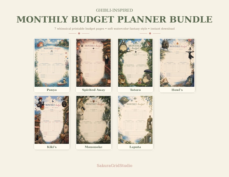 May include: A bundle of seven printable monthly budget planner pages with a whimsical watercolor fantasy style. Each page features a different Ghibli-inspired theme, including Ponyo, Spirited Away, Totoro, Howl's, Kiki's, Mononoke, and Laputa.