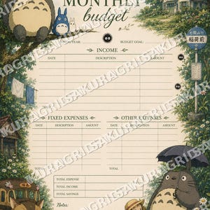 May include: A whimsical monthly budget planner featuring illustrations of characters from a popular animated film. The planner includes sections for income, expenses, and savings, with a serene outdoor scene as a backdrop.