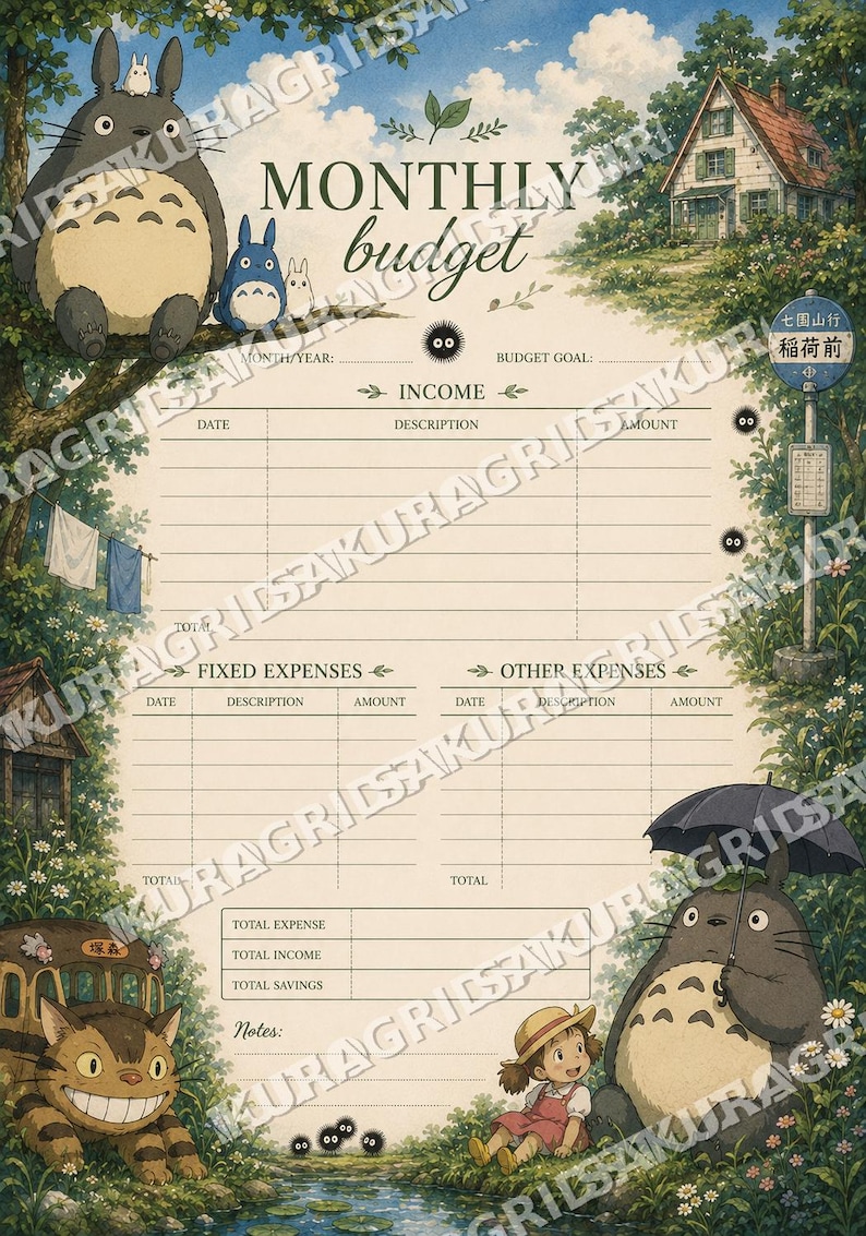 May include: A whimsical monthly budget planner featuring illustrations of characters from a popular animated film. The planner includes sections for income, expenses, and savings, with a serene outdoor scene as a backdrop.
