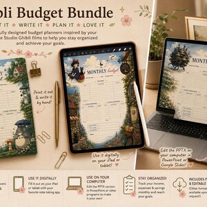 May include: A Ghibli-themed budget bundle featuring printable and digital planners. The image shows a laptop, tablet, and printed sheets with illustrations from Studio Ghibli films. Includes pens, paper clips, and a coffee cup. The text says "Monthly Budget".
