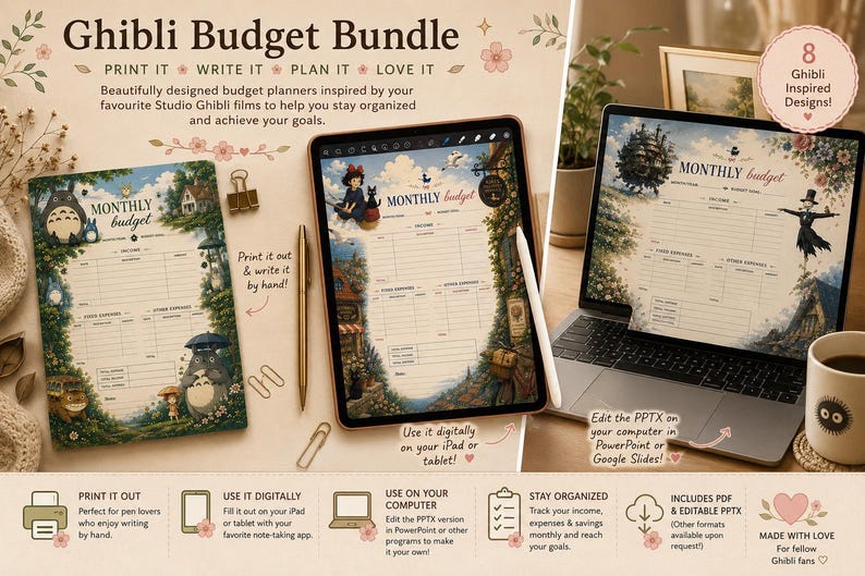 May include: A Ghibli-themed budget bundle featuring printable and digital planners. The image shows a laptop, tablet, and printed sheets with illustrations from Studio Ghibli films. Includes pens, paper clips, and a coffee cup. The text says "Monthly Budget".