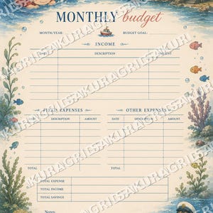 May include: Watercolor-style monthly budget planner with an ocean theme. Features illustrations of a girl in a bubble, a boat, fish, and a seaside house. Includes sections for income, expenses, and savings.